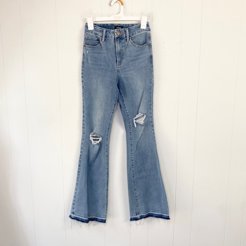 Express High Rise Flare Jeans Ultra Hyper Stretch Distressed Raw Hem Blue Sz S